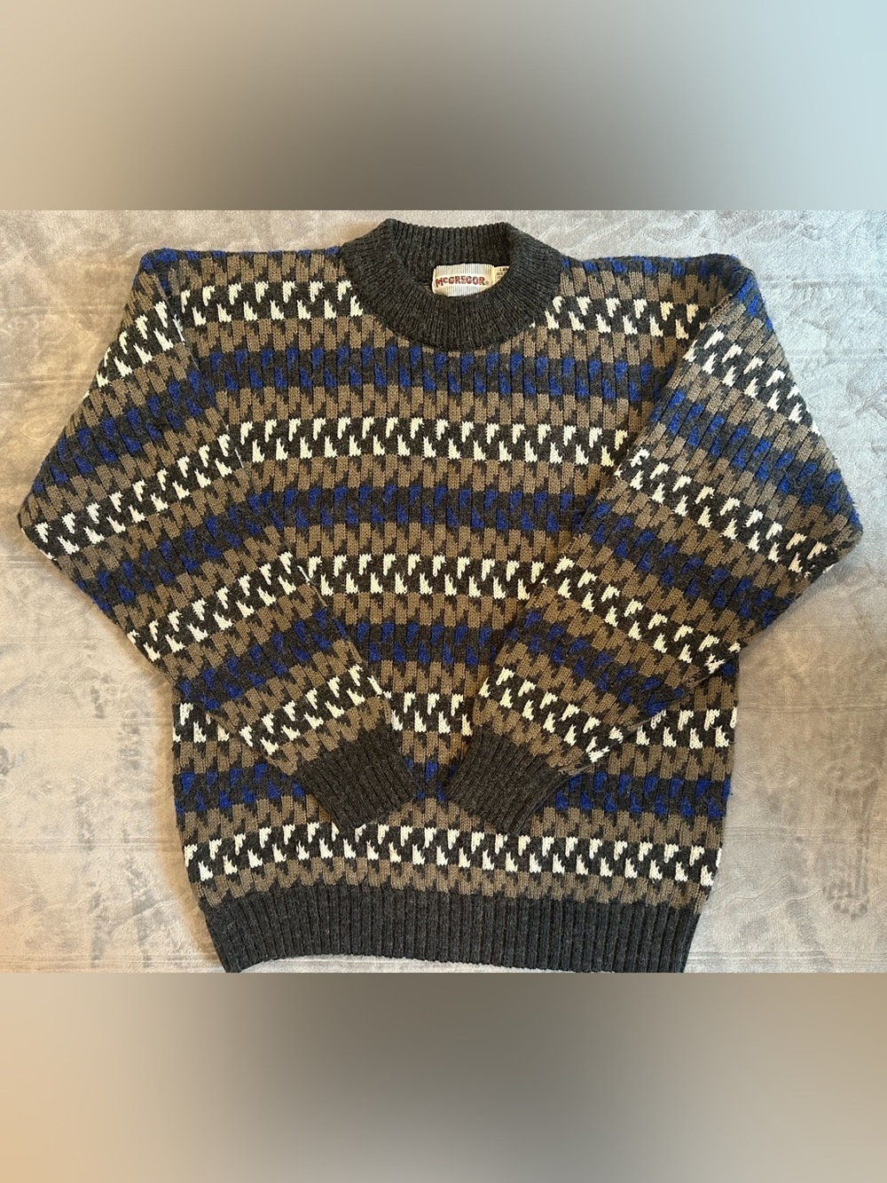 McGregor Men's L Crew Neck Knit Pullover Sweater Long Sleeve Geometric Gray Blue